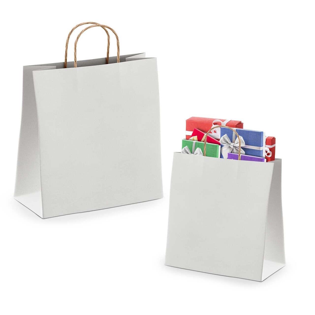 AMIFF White Shopping Bags with Handles 13 x 7 x 17 Pack of 25 White Gift Bags with Handles Bulk 150 GSM White Paper Bags with Handles Bulk White Bags with Handles White Kraft Bags with Handles